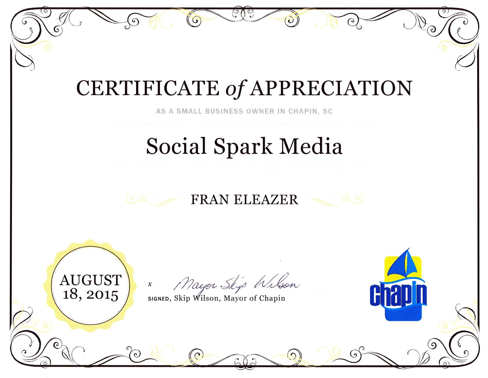 Social Spark Media receives Certificate of Appreciation from Town of Chapin