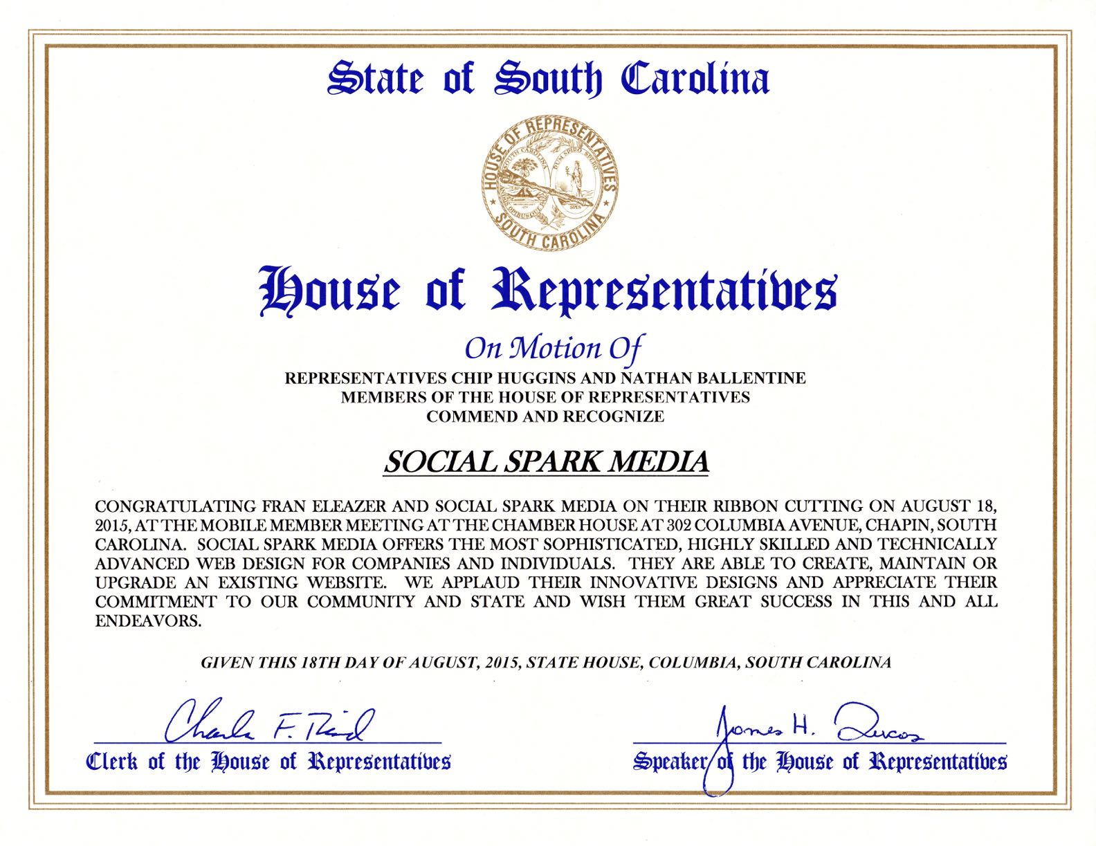 Social Spark Media receives SC House of Representatives Commendation
